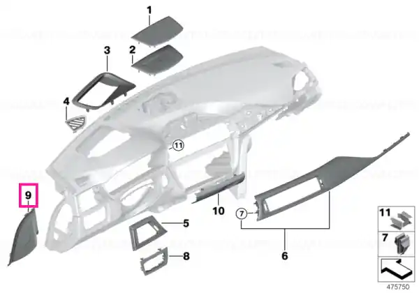Ornament tablou bord exterior stânga SCHWARZ - BMW Retur ușor