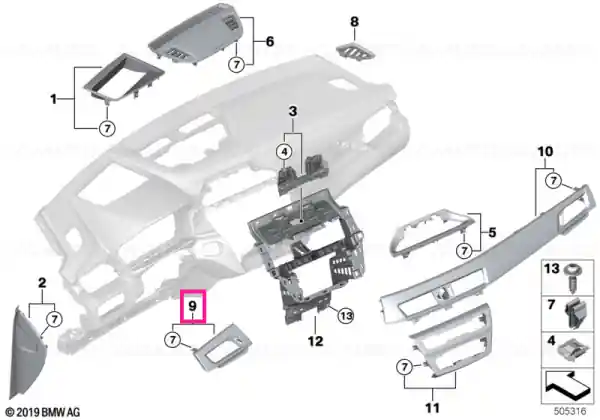 Promoție Ornament panou bord hexagonal alu sofer PERLGLANZ CHROM - BMW